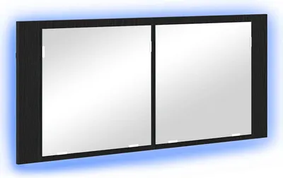 A product shot of a black LED mirror cabinet with a blue glow around the edges.