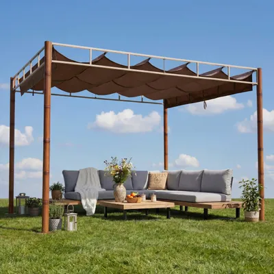 Produktbild von Pergola MCW-L42, Garten Pavillon Terrassenüberdachung, stabiles 7cm-Metall-Gestell 3x3m Bambus-Optik  taupe-braun