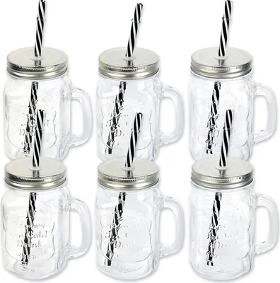 Produktbild von Schramm® 6 Stück Trinkgläser mit Deckel, Henkel und Mehrweg -Strohhalm Trinkhalm wiederverwendbar (iii) in 4 Varianten wählbar Glas Gläser Trinkglas Cocktail  Drinking , Farbe:silber