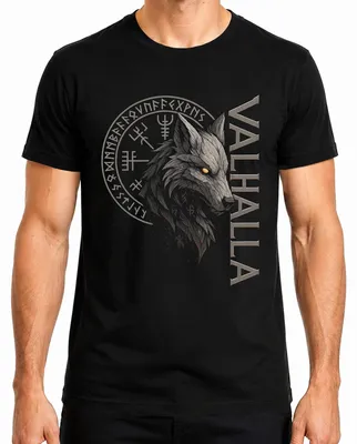 Imagen del producto de Camiseta para hombre, negra, talla XL, con motivos de Valhalla, lobo vikingo, runas, mitología nórdica y Fenrir