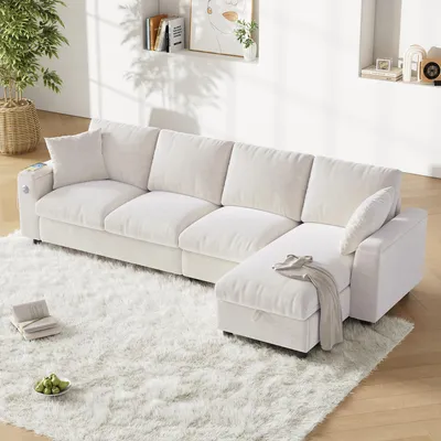 Produktbild von MODFU L-förmiges Ecksofa Polstermöbel Chaiselongue mit Ausklappbarer Couchtisch und 2 Getränkehaltern,Chenille-Stoffsofa mit 1 USB und 1 Typ-C und Armlehnen,Beige