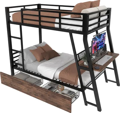 A bunk bed with a desk and storage drawers.