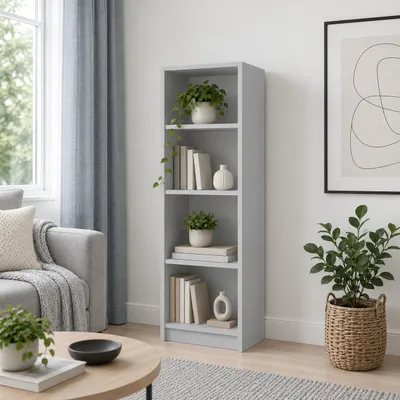 Immagine prodotto di SELO Libreria moderna 50 x 31 x 148 cm – Grigio cenere – 4 ripiani – Libreria aperta indipendente su piedini in pannello nobilitato da 16 mm, Immagine generata dall'IA