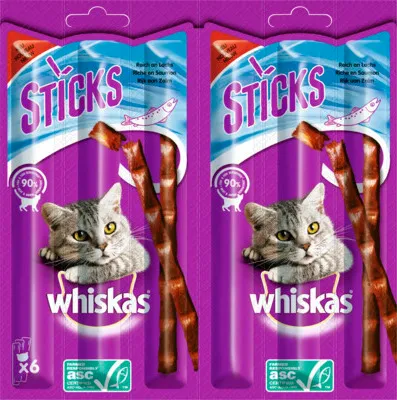 Produktbild von ‎Whiskas Sticks Packung Reich an Lachs 6 x 6g, Leckerli, Katze, Adult, Lachs, 6 g