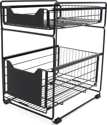 Immagine prodotto di Organizzatore per armadietti da cucina - Ripiano estraibile - 2 livelli - Cestelli scorrevoli - Sotto il lavello o a libera installazione - Contenitore per spezie - Nero