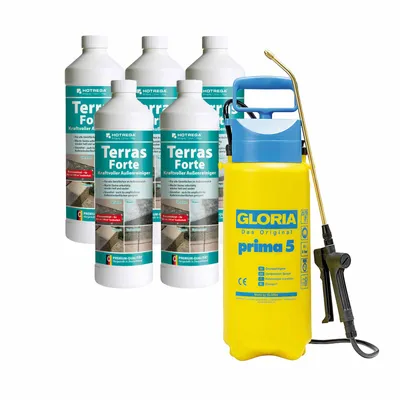Produktbild von HOTREGA Terras Forte kraftvoller Außenreiniger für alle Stein Flächen 5 L + GLORIA Drucksprüher