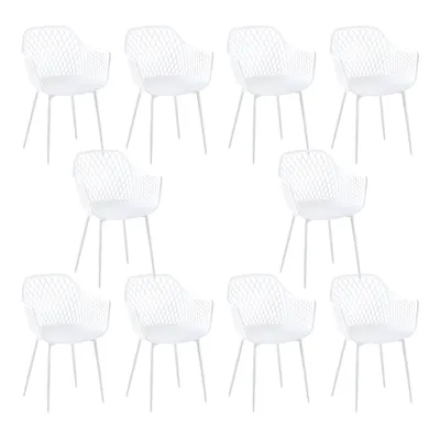 Image de H.J WeDoo Lot de 10 chaises de salle à manger avec accoudoirs Pieds métalliques Chaise de cuisine Chaise de salle à manger Fauteuil Assise plastique pour cuisine, salle à manger, blanc