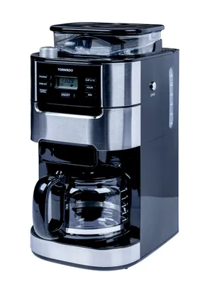 A black and silver Tornado filter coffee machine with a glass carafe is shown against a white background.