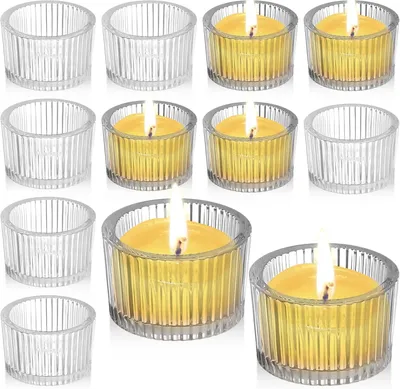Immagine prodotto di 12 portacandele in vetro trasparente per candele a forma di lumino, dimensioni 5,5 cm x 3,5 cm, mini portacandele scanalati, ideali per matrimoni