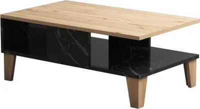 A coffee table with a wooden top and a black marble-effect base with storage compartments.