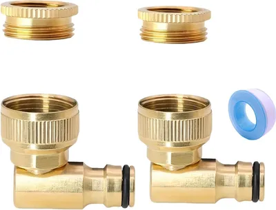 Produktbild von Messing Wasserhahnanschluss 1/2" und 3/4", 90° Winkel Innengewinde, Drehbarer Schlauchanschluss 360°, Außenhahn-Anschluss für Schlauchleitung, Garten Außenschlauch Wasserhahn-Adapter