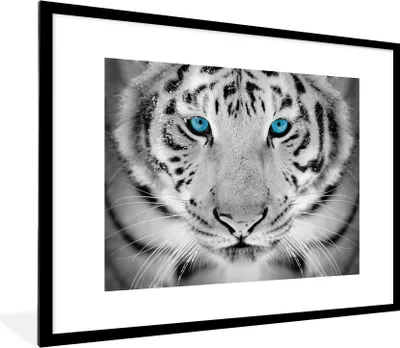 Produktbild von MuchoWow® Gerahmtes Poster Tiere - Tiger - Augen - Blau - Schwarz und weiß 80x60 cm - Poster mit Schwarzem Bilderrahmen Wandposter Rahmen Foto Bilder - Schlafzimmer-Dekorationen - Fotoposter