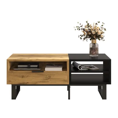 Produktbild von Abrihome Couchtisch 100x50x40cm mit Farbblockdesign, Fächern und Schublade, Holz und Schwarz