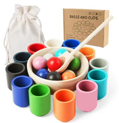 Produktbild von Montessori Holzsortierspiel mit Bällen und Bechern - 12 Teile