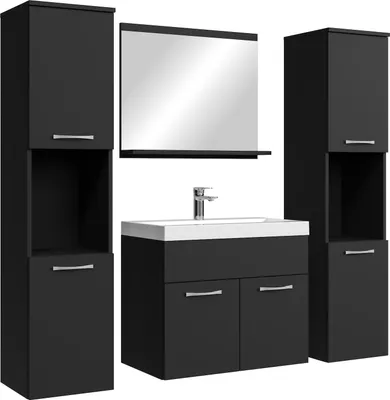 Immagine prodotto di Set completo di mobili da bagno Badmöbel Montreal XL 60 x 35 cm nero opaco - Mobili da bagno con lavabo, specchio e 2 armadietti
