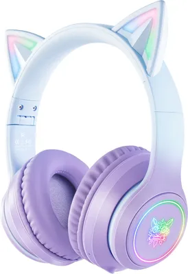 A pair of light blue and purple gaming headphones with cat ears and LED lights.