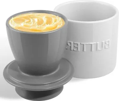 Obrázek produktu pro Keramická máslenka s víkem – klasický styl – porcelán – popelavě šedá – vodní skvrny – jemné máslo – krémově bílá.