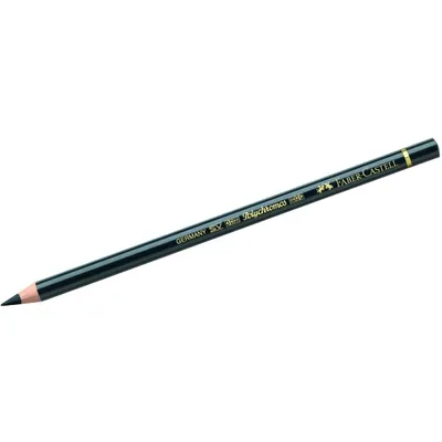 A single black pencil with gold lettering on a white background.
