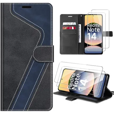 Image de Coque + 2 Verres Trempés pour Xiaomi Redmi Note 14 5G, Anti-Rayures Antichoc Synthécuir Noir