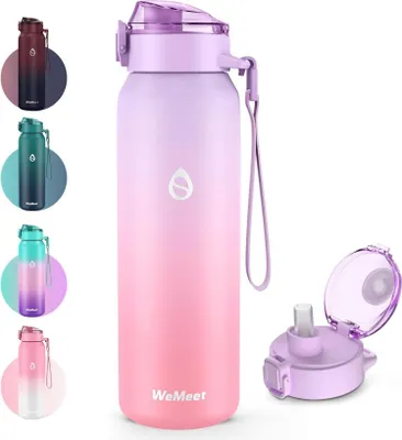 Produktbild von WEMEET Edelstahl Trinkflasche Sport mit Abnehmbarem Strohhalm 1L - Lila/Rosa