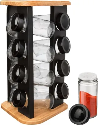 Produktbild von Orion Gewürzständer Gewürzkarussell Gewürzregal drehbar mit 12 Glasbehälter robust aus Holz Metall 18x18x29,5 cm