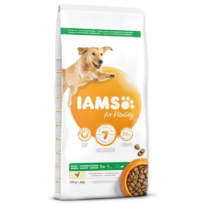 A bag of IAMS dog food with a dog jumping over the logo.