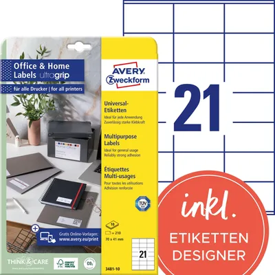 Immagine prodotto di AVERY Zweckform 3481-10 210 Etichette 3481-10 bianco 70,0 x 41,0 mm