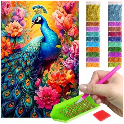 Produktbild von ARTULIO - Diamond Painting Set - Pfau zwischen bunten Blumen - 60 x 40 cm - Groß XXL - 5D Diamant Painting, Komplettset Mosaik + Zubehör