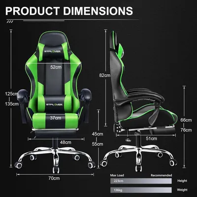 Image de Fauteuil de jeu ergonomique avec repose-pieds, fonction de massage et revêtement en cuir vert