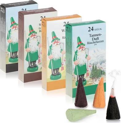 Produktbild von com-four® 96x Räucherkerzen - Duftkegel in 4 weihnachtlichen Nuancen - Räucherstäbchen für Advent und Weihnachten - erzgebirgische Räucher-Hütchen mit Weihnachtsduft