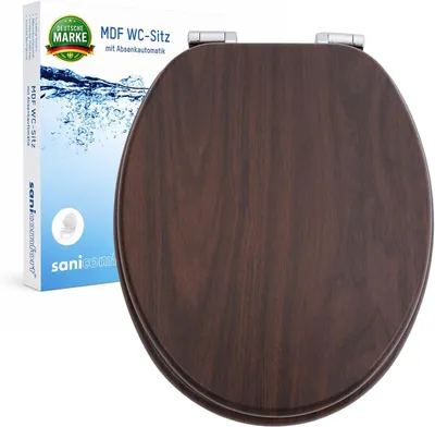 Produktbild von sanicomfort WC Sitz Wood dark, MDF Holzkern, mit Absenkautomatik, Toilettensitz mit Klodecken, Klobrille und Deckel, verchromte Metallscharniere, einfache Montage