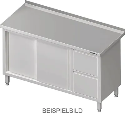 Produktbild von Arbeitsschrank mit Schiebetüren, 1300x600x850 mm, mit 2er Schubladenblock links, mit Aufkantung, verschweißt
