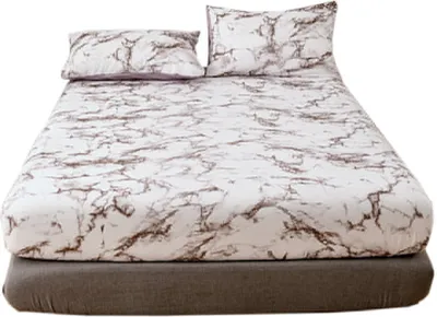 Produktbild von CANDeal 3 Pieces Brown Marble Printed 198cmx 203cm Bed Sheet Set, 1 Fitted Sheet and 2 Pillow Cases, Polyester Luxury Bedding with 35CM Deep Pockets