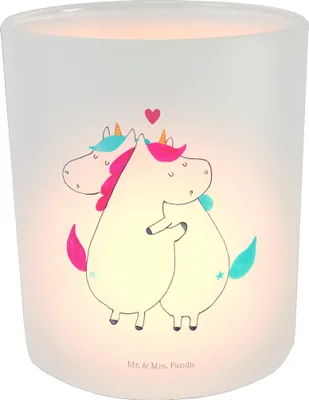 Produktbild von Mr. & Mrs. Panda Teelichthalter Glas Einhorn Mitteilung - Transparent - Geschenk, Glaslaterne, Windlicht aus, Kerzenhalter, Unicorn, Spruch, Einhörner, Kerzenglas, Liebe