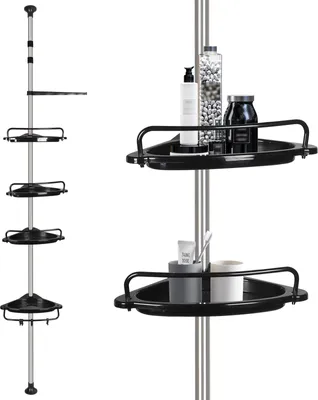 Image de Etagère d'angle télescopique avec 4 paniers Barre 85-305 cm Etagère de douche Etagère de salle de bains noire