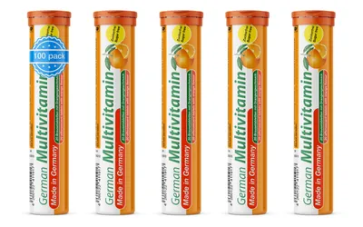 Produktbild von German Multivitamin Brausetabletten 5x20 Stk. Orangengeschmack - Vitamin C, E, B1, B2, B6, B12, Biotin, Folsäure, Niacin, Pantothensäure Zuckerfrei – T&D Pharma –  Germany