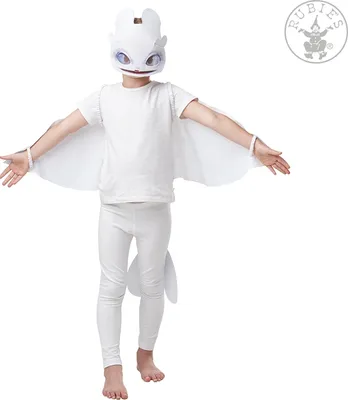 A child wearing a white dragon costume, including a mask and wings, standing against a white background.