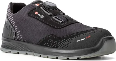 A single black and gray safety shoe is shown against a white background.
