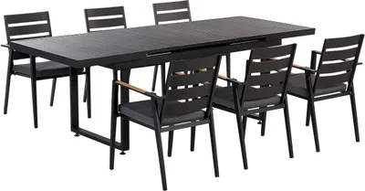 Produktbild von BELIANI Gartenmöbel Set 7-teilig Schwarz Aluminium Ausziehtisch 180 / 240 x 90 cm Latten-Tischplatte Rechteckig mit 6 Stühlen Auflagen Grau Stapelbar