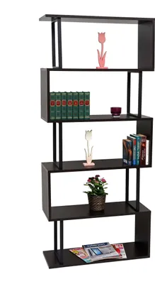 Produktbild von Regál HWC-A27, stojaci regál do obývačky, 183x80cm 3D štruktúra 5 úrovní ~ tmavohnedá, kovová čierna