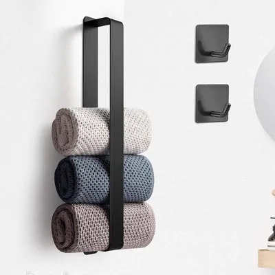 Image de Porte-serviettes sans perçage, pour invités, autocollant, sans perçage, avec 2 crochets, 42 cm, noir