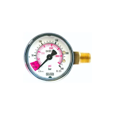 A close-up studio shot of a pressure gauge on a white background.