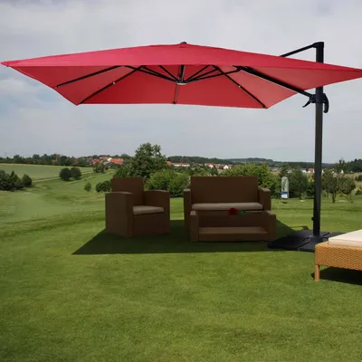 Zdjęcie produktu dla Parasol gastronomiczny HWC-A96, parasol 3x3m (Ø4,24m) poliester aluminium/stal 23kg ~ czerwony ze stojakiem, obrotowy