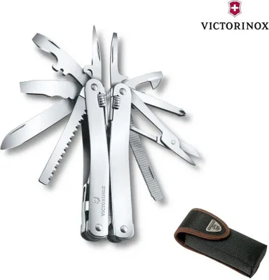 A multi-tool and its case are displayed against a white background.