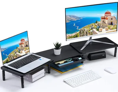 Image de Omgoods - Support double écran - Socle réglable pour écran avec plateau et support pour téléphone