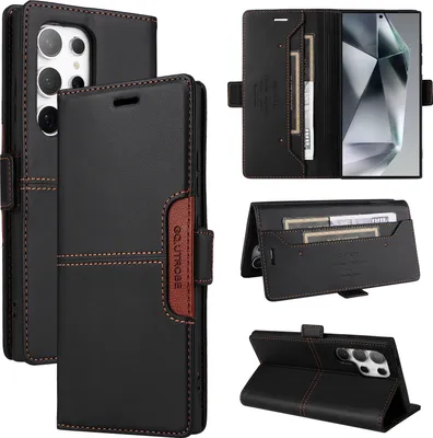 A collage of images showing a black leather flip wallet phone case for a Samsung Galaxy S22 Ultra 5G.