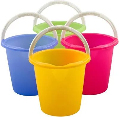 A group of colorful plastic buckets with white handles are arranged in a cluster.