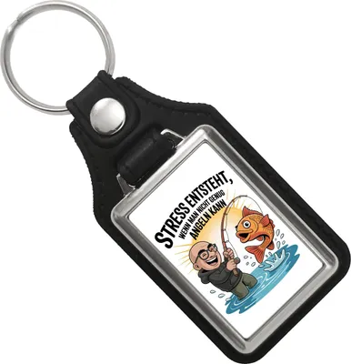 Produktbild von Fröhlicher Angler Spruch Schlüsselanhänger mit Kunstleder-Anhänger für Angelfans