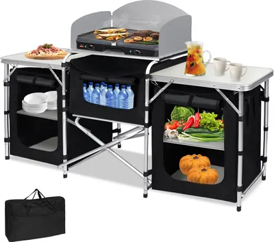 Obrázek produktu pro UISEBRT Camping Kitchen Outdoor Camping Kitchen Travel Kitchen s hliníkovým rámem Přenosná taška Kitchen Box Splash Guard (5 přihrádek a 3 stoly)