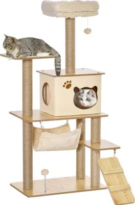 Image de PawHut Arbre à chat hauteur 130 cm, tour de jeux pour chat, platesformes, niche, lit, hamac, échelle et 2 balles en peluche, griffoirs en jute, plusieux niveaux, jaune